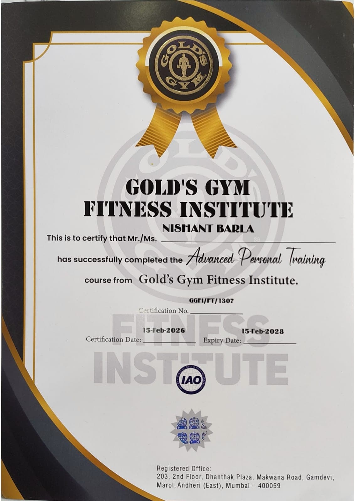 Nishant Barla — Advanced Personal Training certificate