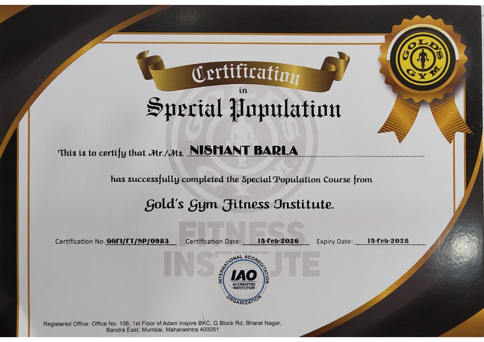 Nishant Barla — Special Population certificate