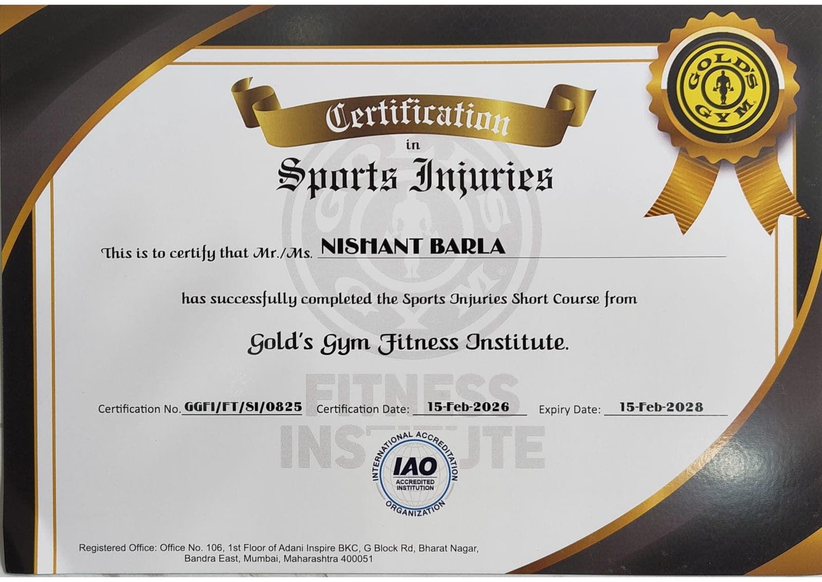Nishant Barla — Sports Injuries certificate